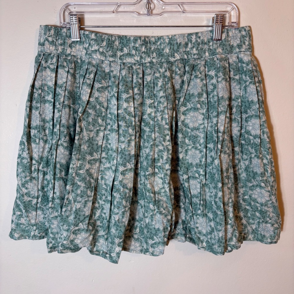 NWT American Eagle Green Floral Print Pleated Cotton/Linen Skirt Size‎ XL